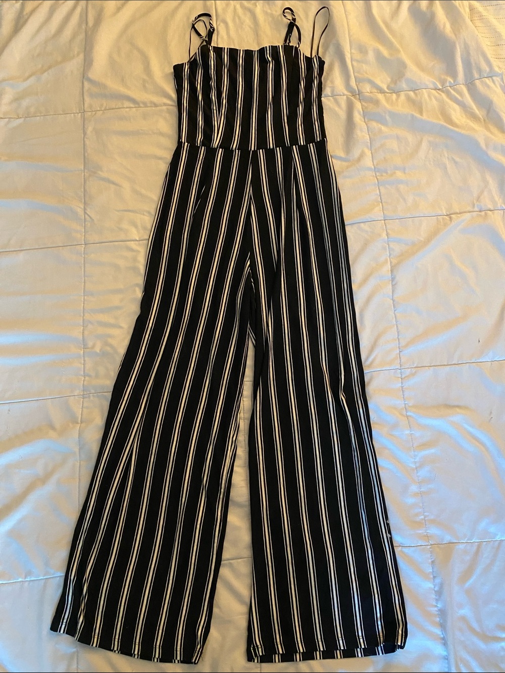 Ambiance Black and White Vertical-Stripe Wide-Leg Jumpsuit